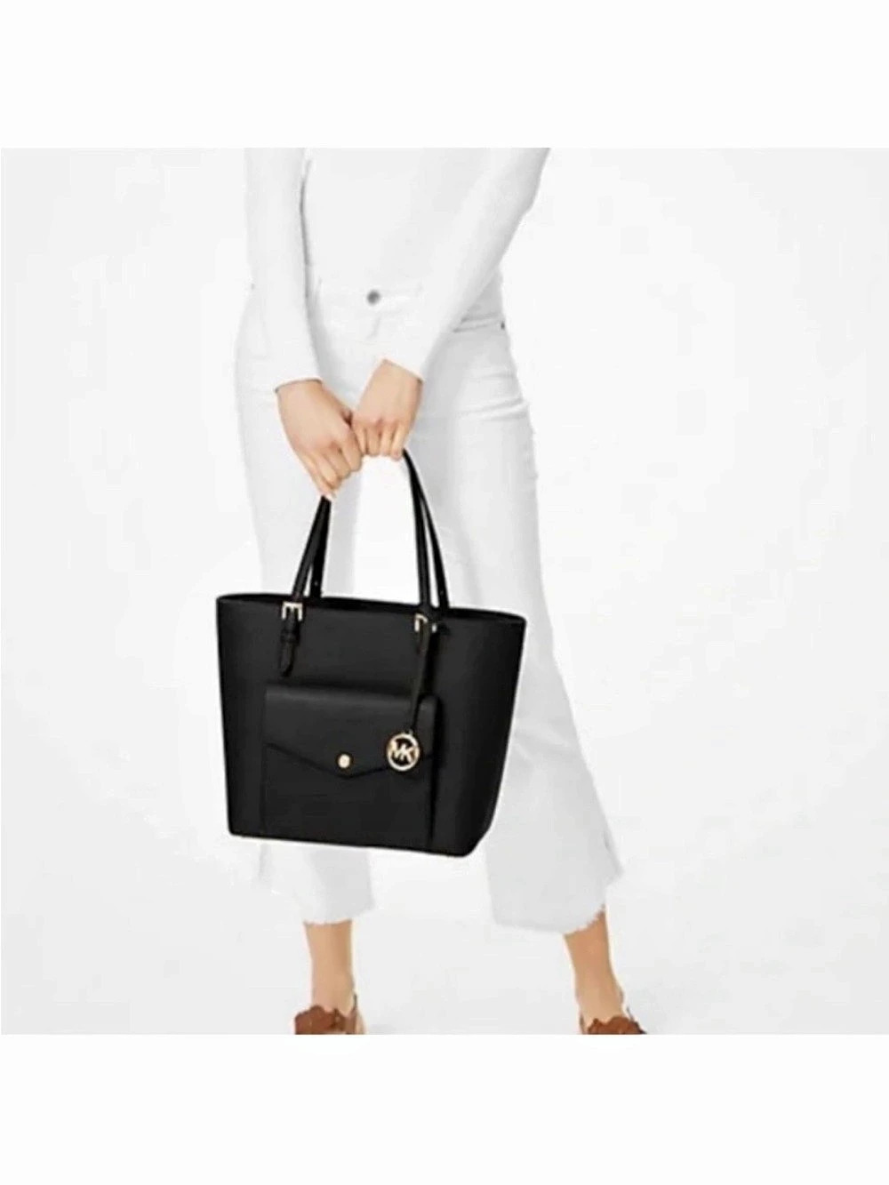 Michael Kors black Jet Set large Saffiano Leather Pocket Tote bag purse